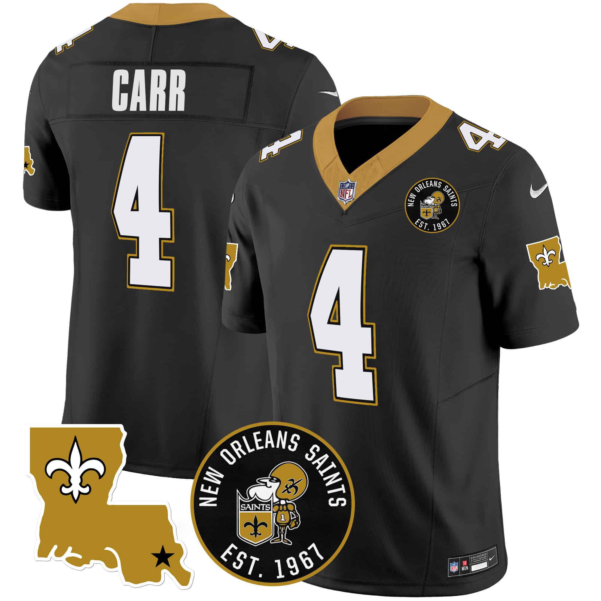 Men New Orleans Saints 4 Carr Black 2024 Nike 1967 Patch Vapor Limited NFL Jersey style 1